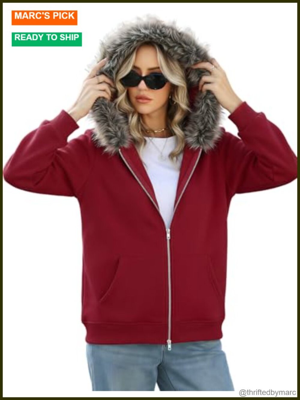 Y2K Faux Fur Trim Zip Up Hoodie Jacket for Women Oversized Grunge Emo Streetwear
